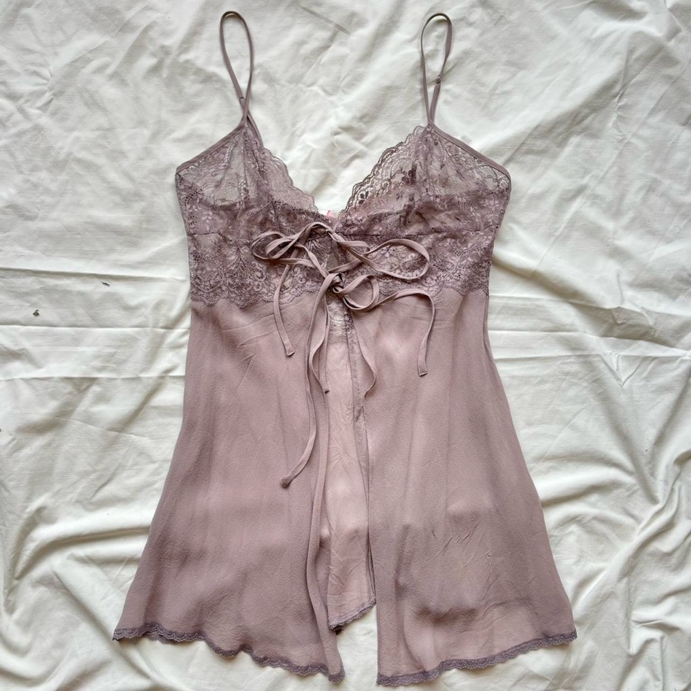 Victoria’s Secret 2000’s 100% Silk Purple Floral Lace Vest Chemise Slip Dress